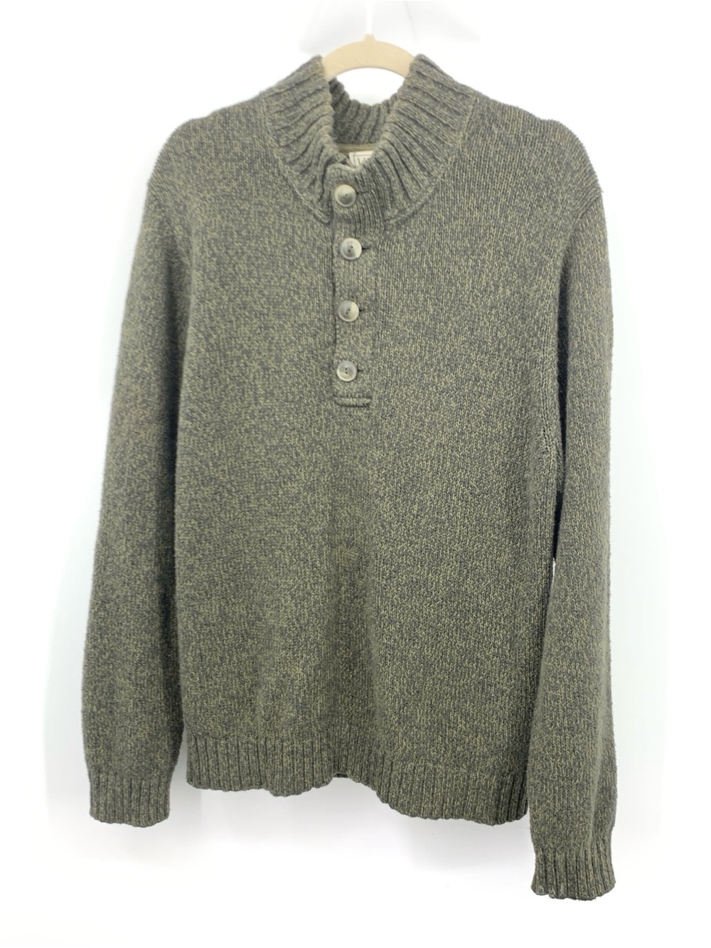 LL Bean Men Size Large Sweater Green Cotton Knit 1/4 Button Pullover Top Shirt